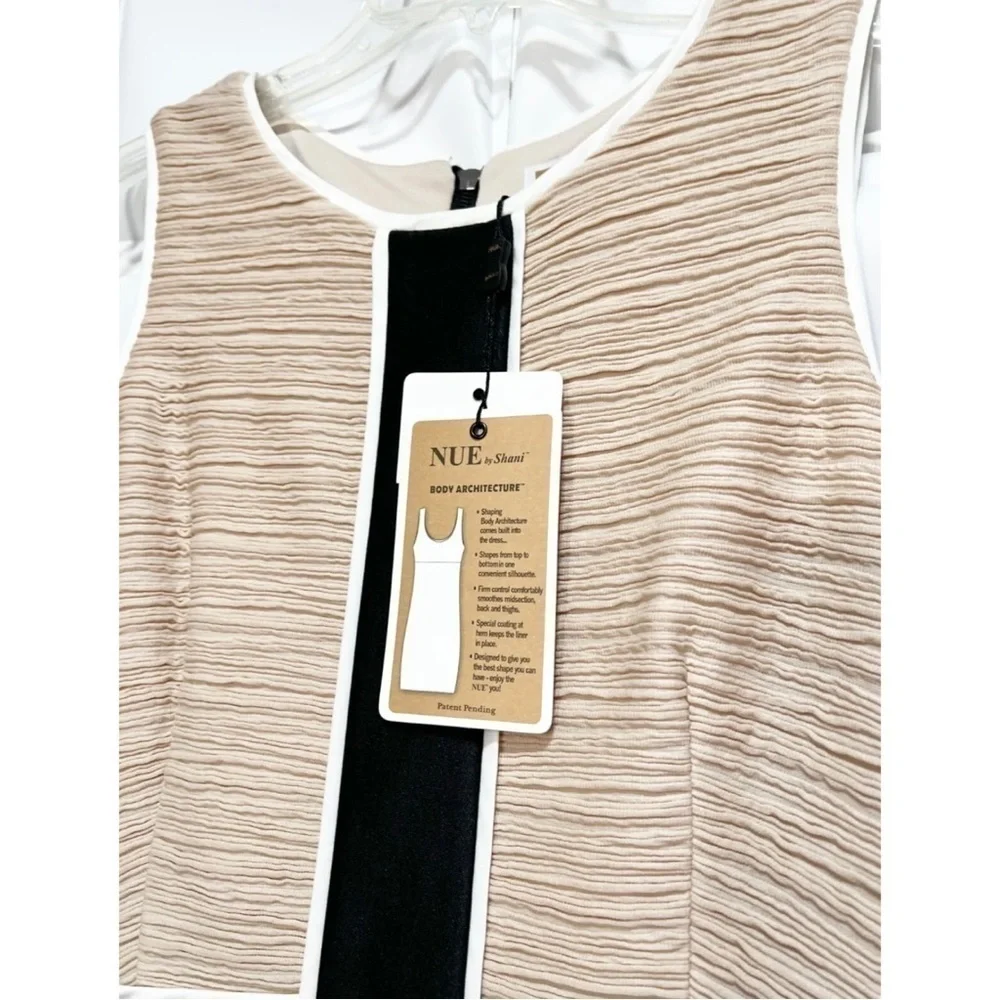 NUE by Shani Sz 6 Ruched Beige Black White Sheath Dress Shape Slimming